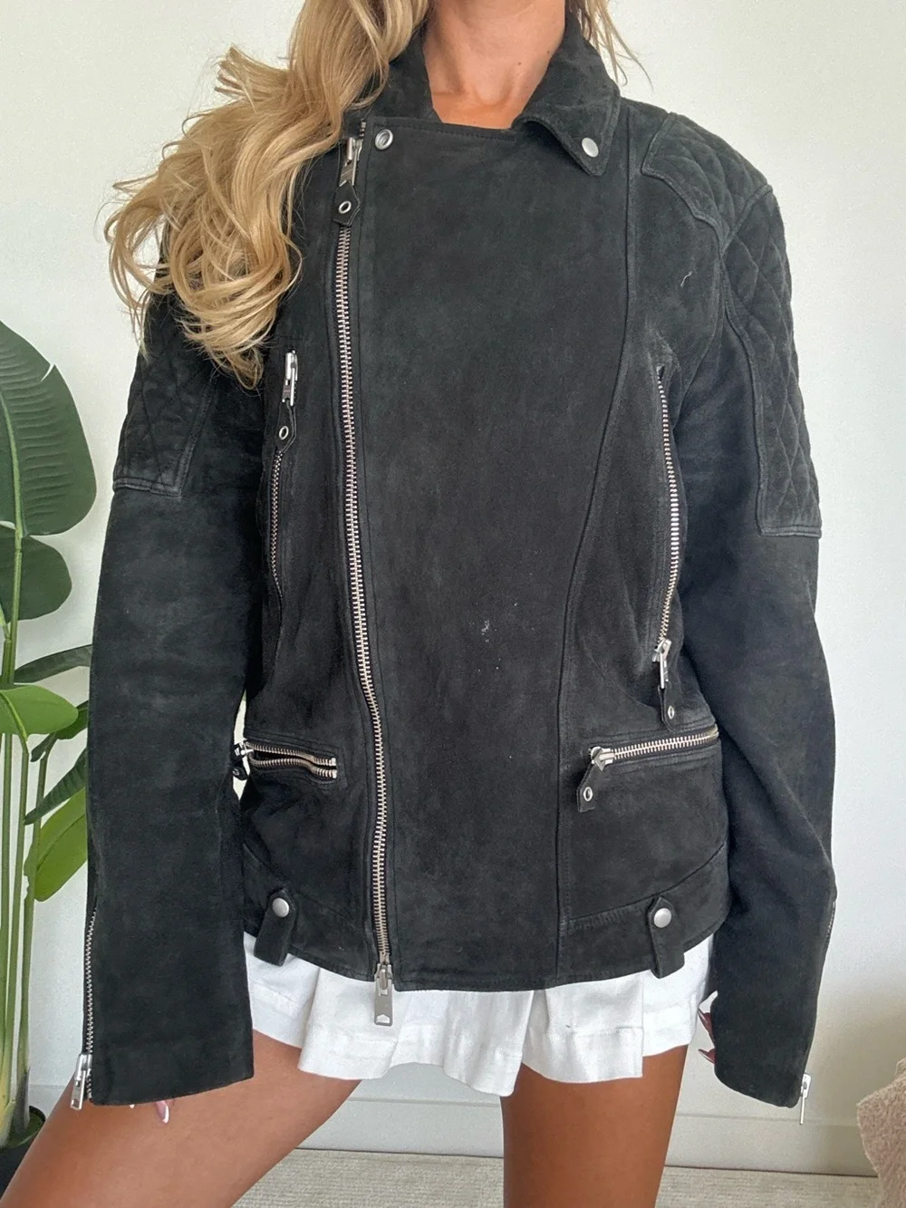 All Saints Men’s Black Quilted Suede Moto Jacket